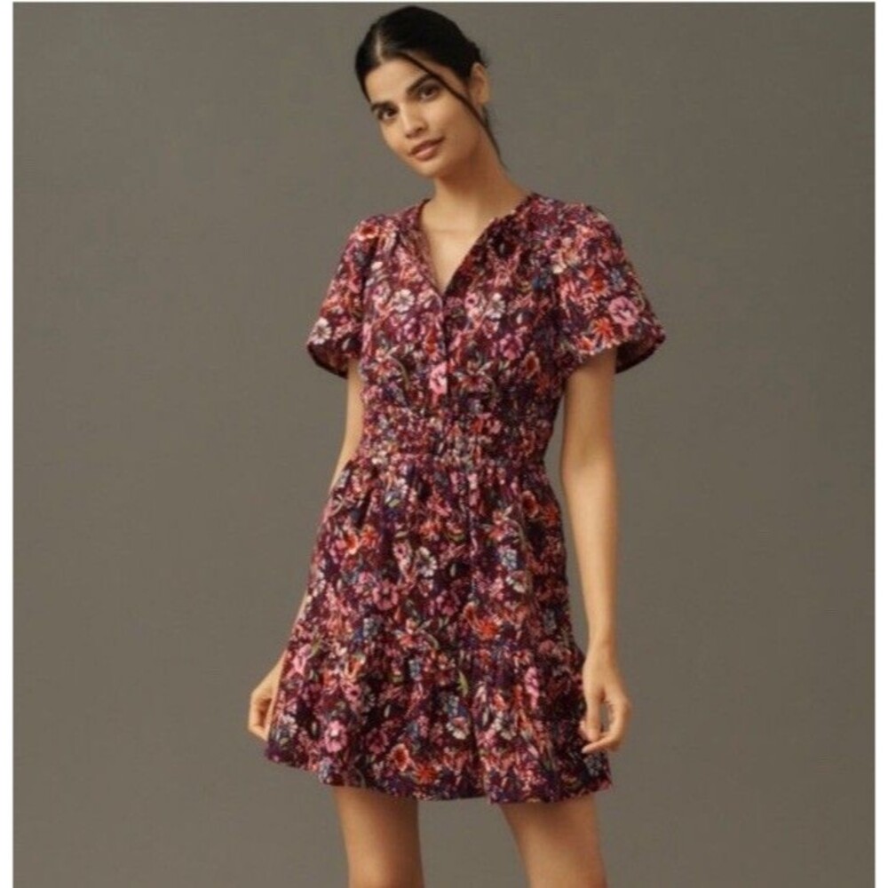 Anthropologie Somerset Mini Corduroy Dress S Purple Floral Tiered Boho Cottage